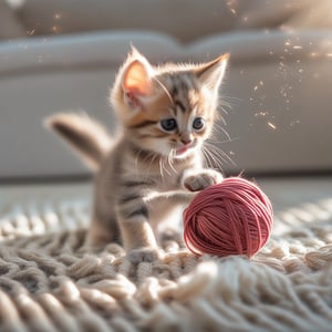 A close-up shot of a playful kitten, its eyes focused and paws outstretched, batting a vibrant ball of yarn across a soft, sunlit carpet. The lighting is warm and natural, highlighting the kitten's fluffy fur and the yarn's dynamic movement. The composition captures the kitten's playful action, with the ball of yarn creating a sense of motion and interaction.