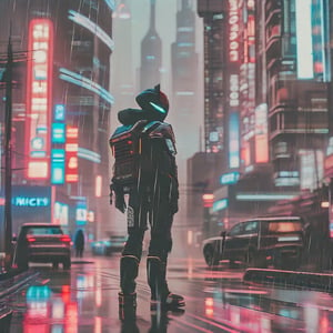 A gritty cyberpunk metropolis dominates the frame, neon lights casting vibrant reflections on wet asphalt, while rain-soaked streets glisten under the dystopian glow. Towering skyscrapers with sharp angles and LED billboards create a backdrop of human innovation and desperation. In the foreground, a lone figure, possibly a hacker or rebel, stands defiantly, backlit by a flickering holographic advertisement, embodying resistance amidst the urban chaos. The scene is captured in a dynamic composition with high contrast lighting, emphasizing the stark juxtaposition between the city's technological advancement and its underlying turmoil.