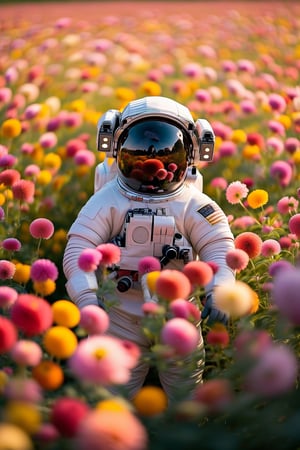 fisheye lens, a beautiful flower field, with vibrant blooms stretching as far as the eye can see,Person on the other side of the door, Astronaut,(close Visor), Nestled among the flowers is an unexpected sight a wooden door, clearly made of lightweight material like cardboard or balsa wood, standing upright amidst the blossoms. Despite its humble construction, the door is adorned with intricate carvings and painted with vivid colors, adding to its whimsical charm,astronaut_flowers