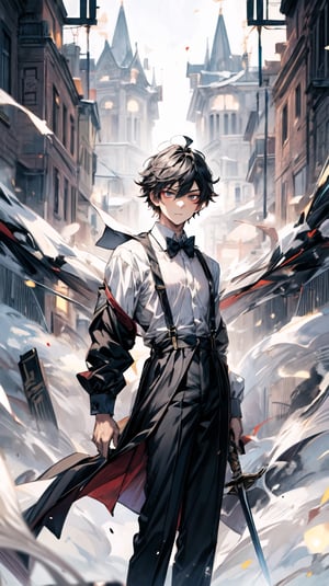 A boy, wearing a tuxedo, holding a western sword in his left hand, suspenders, long legs, sexy, with a cold expression, character \(series\), Zhongli,(wearing DK), (school_uniform)