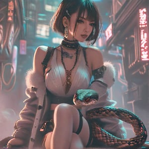 In a dimly lit, smoky cyberpunk club, a femme fatale cyborg sits solo, her mechanical joints gleaming in the flickering light. Her striking features, framed by short hair and bangs, are adorned with jewelry and a black choker. She pets a snake that gazes directly at the viewer, adding an air of mystery and danger. Wearing a revealing, see-through kimono paired with Japanese-style earrings, she holds a katana, surrounded by the dark, gritty atmosphere. Her sultry gaze exudes sexy sophistication, inviting the viewer into her world. The scene is rendered in a Conrad Roset-inspired style, with dark, muted tones and industrial textures, capturing the essence of a cyberpunk masterpiece.