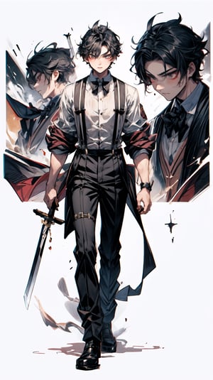 A boy, wearing a tuxedo, holding a western sword in his left hand, suspenders, long legs, sexy, with a cold expression, character \(series\), Zhongli,(wearing DK), (school_uniform)