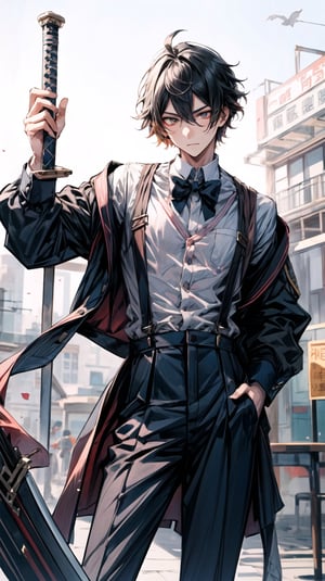 A boy, holding a western sword in his left hand, suspenders, long legs, sexy, with a cold expression, character \(series\), Zhongli,(wearing DK), (school_uniform)