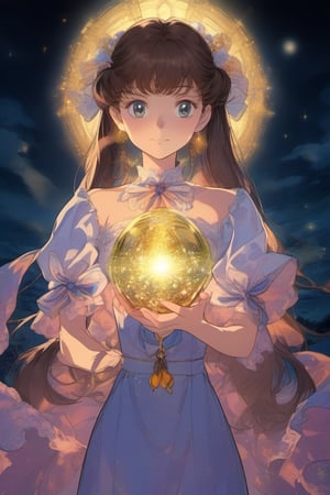 (Best quality) (masterpiece) A beautiful girl holding a cluster of light in her cupped hands, full body portrait in the 1990 anime show, dark fantasy, ((vintage anime)) (((1990s anime))) , retro anime, fairytale, Classic fairytale, dark fairytale ,magical fantasy style, ominous background,pencil sketch, ,horror,2d_animated,EpicSky, 6000,2D,night_sky, starry sky background,black slip dress