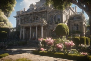 (Masterpiece,  Best Quality),  insaneres,  (8k resolution),  ff14bg,  fantasy,  (a mansion house from front yard),  no humans,  chair,  door,  plants,  flower,  scenery,  fantasy,  potted plant,  loaded exterior (extremely detailed),  soft lighting,  bloom,  day,  (depth of field:1.1), , , 