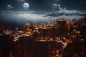 BJ_Ancient_city, outdoors, sky, cloudy, misty,tree, no_humans, night, realistic moon, building, night_sky, scenery, full_moon, stairs, mountain, architecture, middle east architecture, cinematic lighting,strong contrast,high level of detail,Best quality,masterpiece,,