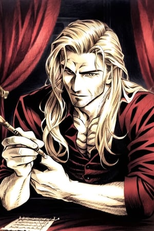 Beautiful male vampire,sensual,aesthetic,luxurious sofa,gothic room, candlelight,glittering dust,wine red curtains,long blond hair, gold eyes, gentle expression,Pencil drawing