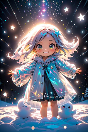 best quality, masterpiece, beautiful and aesthetic, vibrant color, Exquisite details and textures,  Warm tone, ultra realistic illustration,	(cute Nordic girl, 7year old:1.5), (Starlight theme:1.4),	cute eyes, big eyes,	(a beautiful smile:1.5),	16K, (HDR:1.4), high contrast, bokeh:1.2, lens flare,	siena natural ratio, children's body, anime style, 	low angle view,	long length layered bob cut,	wearing white over velvet coat,	ultra hd, realistic, vivid colors, highly detailed, UHD drawing, perfect composition, beautiful detailed intricate insanely detailed octane render trending on artstation, 8k artistic photography, photorealistic concept art, soft natural volumetric cinematic perfect light. 