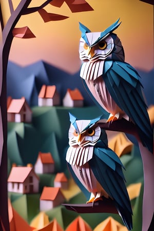 ((best quality)), absurdres, ((ultra high res)), origami, a paper owl sitting on a tree branch, extremely detailed, realistic, 8k, masterpiece,origami