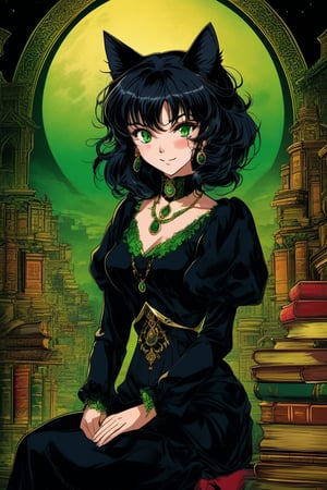 (Best quality) (masterpiece) A beautiful dark black cat full body portrait in the 1990 anime show, dark fantasy, ((vintage anime)) (((1990s anime))) , retro anime, fairytale, Classic fairytale, dark fairytale ,magical fantasy style, ominous background,pencil sketch, ,horror,2d_animated,EpicSky, 6000,2D, black cat,gold_eyes, sitting on a pile of books in an ancient library, wearing a green collar with a crescent moon pendant