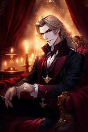 Beautiful male vampire,sensual,aesthetic,luxurious sofa,gothic room, candlelight,glittering dust,wine red curtains,long blond hair, gold eyes, gentle expression,Pencil drawing,white background,dfdd,Dark_Fantasy_Style,Witchblade