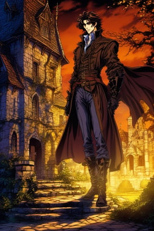 (Best quality) (masterpiece) A beautiful dark vampire hunter full body portrait in the 1990 anime show, dark fantasy, ((vintage anime)) (((1990s anime))) , retro anime, fairytale, Classic fairytale, dark fairytale ,magical fantasy style, ominous background,old mansion, castle,pencil sketch, ,horror,2d_animated,EpicSky, 6000,2D, Beautiful young guy,kind expression,gold_eyes,long_brown_hair