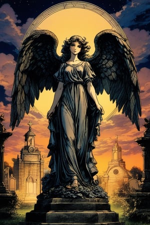 (Best quality) (masterpiece) A beautiful dark angel statue in a cemetery at night portrait in the 1990 anime show, dark fantasy, ((vintage anime)) (((1990s anime))) , retro anime, fairytale, Classic fairytale, dark fairytale ,magical fantasy style, ominous background,pencil sketch, ,horror,2d_animated,EpicSky, 6000,2D, beautiful girl