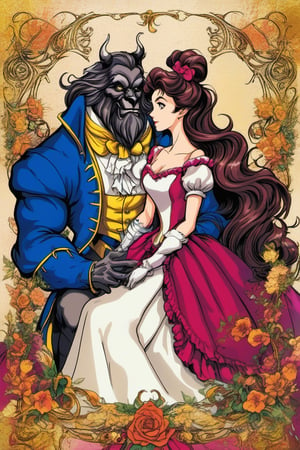 (Best quality) (masterpiece) A beautiful dark beauty and the beast couple portrait in the 1990 anime show, dark fantasy, ((vintage anime)) (((1990s anime))) , retro anime, fairytale, Classic fairytale, dark fairytale ,magical fantasy style, ominous background,pencil sketch, ,horror,2d_animated,EpicSky, 6000,2D, beautiful girl