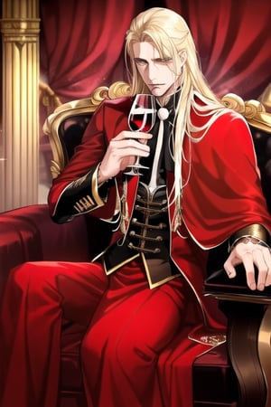 Beautiful male vampire,sensual,aesthetic,luxurious sofa,gothic room, candlelight,glittering dust,wine red curtains,long blond hair, gold eyes, gentle expression