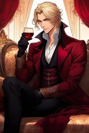 Beautiful male vampire,sensual,aesthetic,luxurious sofa,gothic room, candlelight,glittering dust,wine red curtains,long blond hair, gold eyes, gentle expression,Pencil drawing,white background,dfdd