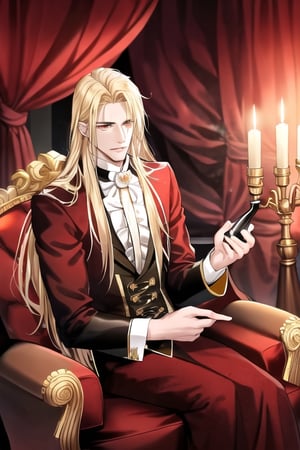 Beautiful male vampire,sensual,aesthetic,luxurious sofa,gothic room, candlelight,glittering dust,wine red curtains,long blond hair, gold eyes, gentle expression