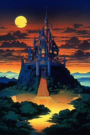 (Best quality) (masterpiece) A beautiful dark castle scenery in the 1990 anime show, dark fantasy, ((vintage anime)) (((1990s anime))) , retro anime, fairytale, Classic fairytale, dark fairytale ,magical fantasy style, ominous background,nighttime,pencil sketch, ,horror,2d_animated,EpicSky, 6000,2D