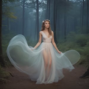 Laura, beautiful, transparent ghost female at night in the forest, long white dress, colorful aura around her body