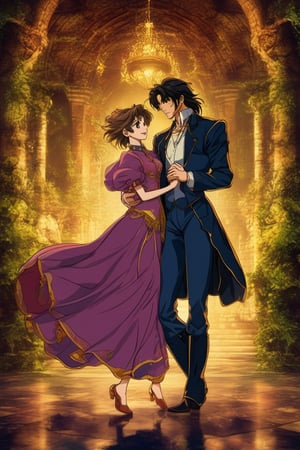 (Best quality) (masterpiece) A beautiful dark couple dancing full body portrait in the 1990 anime show, dark fantasy, ((vintage anime)) (((1990s anime))) , retro anime, fairytale, Classic fairytale, dark fairytale ,magical fantasy style, ominous background,old mansion, castle,pencil sketch, ,horror,2d_animated,EpicSky, 6000,2D, Beautiful young guy,kind expression,gold_eyes,long_hair