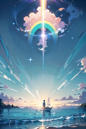 vibrant colors, female, masterpiece, sharp focus, best quality, depth of field, cinematic lighting, ((solo, one man )), (illustration, 8k CG, extremely detailed), masterpiece, ultra-detailed, **Title:** "Rainbow Radiance: Tranquil Seascape"

Underneath a brilliantly shining rainbow, the illustration captures a serene seascape with a clear sky reflecting in pristine waters. A fishing boat peacefully floats on the tranquil sea, creating a harmonious scene of natural beauty.

The detailed depiction showcases the vibrant colors of the rainbow as they gracefully arch across the sky, casting a radiant glow on the surroundings. The sparkling sea mirrors the clear sky, creating a sense of calmness and tranquility. The fishing boat adds a touch of human activity, harmonizing with the peacefulness of the entire composition.

In "Rainbow Radiance," the illustration invites viewers into a tranquil world where the brilliance of the rainbow meets the calm beauty of the sea, portraying a moment of serene harmony beneath the vivid colors of nature.