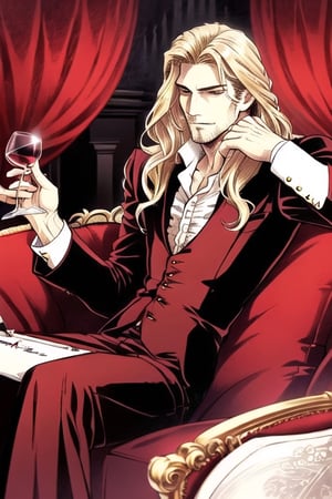 Beautiful male vampire,sensual,aesthetic,luxurious sofa,gothic room, candlelight,glittering dust,wine red curtains,long blond hair, gold eyes, gentle expression,Pencil drawing