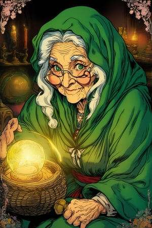 (Best quality) (masterpiece) A dark old woman fortuneteller portrait in the 1990 anime show, dark fantasy, ((vintage anime)) (((1990s anime))) , retro anime, fairytale, Classic fairytale, dark fairytale ,magical fantasy style, ominous background,pencil sketch, ,horror,2d_animated,EpicSky, 6000,2D, Old wrinkly woman,green_eyes, wearing_cloak, in_a_tent