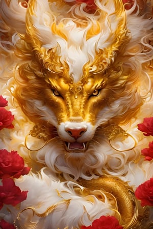 In a fantastical display of artistry, the image depicts a dragon. This mythical creature is showcased in all its glory, with lush fur flowing in vibrant shades of gold, red, and white. The image, reminiscent of an intricate painting, beautifully captures the elegance and mystique of the kitsune. Enhanced by meticulous details, every aspect of the creature is meticulously rendered, from its expressive eyes that seem to hold ancient wisdom, to the intricate patterns etched onto its sleek fur. The image radiates a sense of enchantment, leaving viewers captivated by the extraordinary beauty of this otherworldly being.,dragon