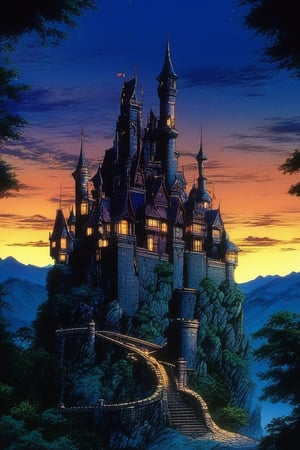 (Best quality) (masterpiece) A beautiful dark castle scenery in the 1990 anime show, dark fantasy, ((vintage anime)) (((1990s anime))) , retro anime, fairytale, Classic fairytale, dark fairytale ,magical fantasy style, ominous background,nighttime,pencil sketch, ,horror,2d_animated,EpicSky, 6000,2D