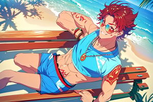 masterpiece,best quality,highly detailed character,1boy,solo,male focus,allen_sugasano,red hair, sun glasses, tattoo, summer theme,beach,blue shorts,underarm t-shirt,abs,smile,happy,sun bathing on the bench,shiny body,depth of field,pov,from above,aesthetic