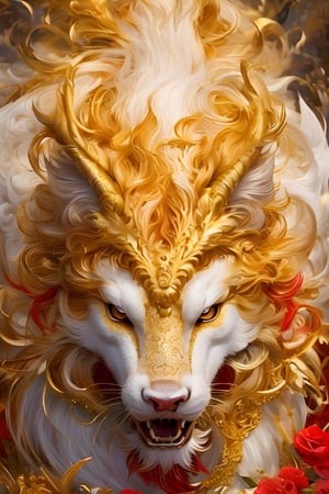 In a fantastical display of artistry, the image depicts a dragon. This mythical creature is showcased in all its glory, with lush fur flowing in vibrant shades of gold, red, and white. The image, reminiscent of an intricate painting, beautifully captures the elegance and mystique of the kitsune. Enhanced by meticulous details, every aspect of the creature is meticulously rendered, from its expressive eyes that seem to hold ancient wisdom, to the intricate patterns etched onto its sleek fur. The image radiates a sense of enchantment, leaving viewers captivated by the extraordinary beauty of this otherworldly being.,dragon