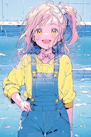 1girl, :d, sweet and innocent-looking girl, long hair, light pink hair, soft curls, cute little bows, ,ribbons, babycore, bright pink overalls, yellow, oversized t-shirt, 2d art, rainobws, anime screenshot, kyoani, ,koe no katachi,marika tachibana