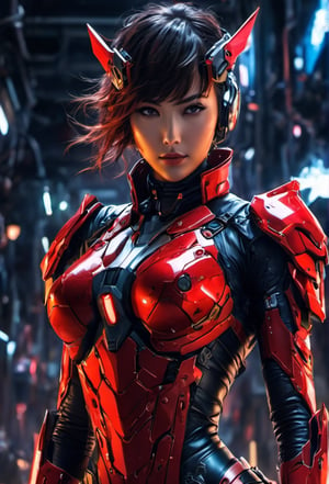 Super Sexy Superheroines, ultra-detailed, 
((High resolution)),((high detailed)), cowboy shot, photorealistic, masterpiece, official art, futuristic space background, blur backgound, raw photo, best quality, 8k resolution, 
sole_female, character focus, 22 years old, black hair, short hair, two buns, resemble  Asuka Langley, mecha, mechanical girl, red neon light exosuit, neon genesis evangalion, mechanical pilot suit, beautiful eyes, (delicate face), perfect detail, perfect feet, sexy legs, medium breast, nice boobs, lots of exposed skin, full body, cleavage cutout, torn clothing, torn armor, ripped armor, damaged armor, dirty armor, wounded face, dirty face,
cinematic lighting, dark studio, ((hyper detailed face)),((hyper detailed eyes)),(((exposed thighs))),3DMM,Kamen_Rider_Black_RX,cyborg style,cleavage cutout,huge_breasts