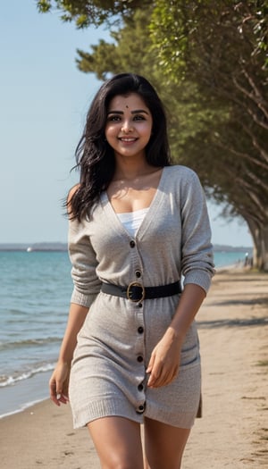 a beautiful indian woman with fair skin in a black aline minidress,divya bharti,  
, Photo Real, blurry_light_backgro(Best quality, 8k, 32k, Masterpiece, UHD:1.2), Photo of Pretty indian woman, 1girl, (shoulder length dark brown hair), double eyelids, medium-large breasts, wide hips, long-legged, tall stature, pale skin, casual dress, cardigan, ocean view, walking on seaside hill, enchanting smile, view from below, thighs focus, windy, ray tracing, detailed eyes, detailed facial, detailed real skin texture, detailed fabric renderingund, Realistic, ,Realistic,body,wet,blurry_light_background,Photo Real,