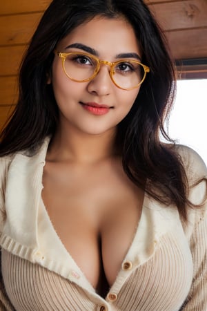 A photo of a nude emb-babs, as a busty beautiful draped indian beautiful white skin woman in a thick red sweater, wearing stylish glasses, in a ski cabin, (looking at the camera), photoshoot style, seductive expression, 8k HD, RAW, dslr, perfect features, flawless skin, skin pores, professional, masterpiece, (photorealistic:1.4), detailed, intricate, high resolution, detailed background, fcDetailPortrait,  epiCRealism, OverallDetail.,perfecteyes,oversized_clothes,cleavage cutout,huge_breasts,divya bharti, cool light,moaning_in_pleasure