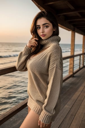 Ana de Armas in a Winter Sweaters Oversized Turtleneck Long Sleeve with brown hair,1girl,beautiful indian woman, with fair skin, divya bharti, a photo of a beautiful ocean, SIGMA 24 mm F/1.4, 5 sec shutter, golden hour,arge-sized breasts, cleavage, cleavage cutout
,Photo Real