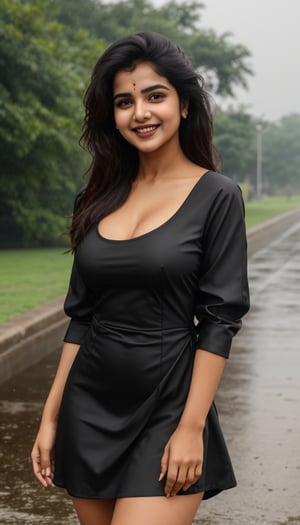 a beautiful indian woman with fair skin in a black aline minidress,divya bharti,  big boobs,standing in the rain, thin wet dress, heavy wind, breast partially visible, sexy smile, perfect teeth,
, Photo Real, blurry_light_background, Realistic, ,Realistic