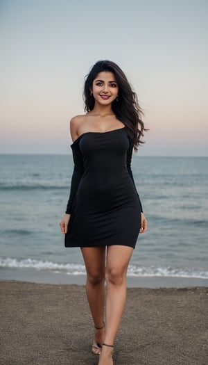 a beautiful indian woman with fair skin in a black aline minidress,divya bharti,  
, Photo Real, blurry_light_backgro(Best quality, 8k, 32k, Masterpiece, UHD:1.2), Photo of Pretty indian woman, 1girl, (shoulder length dark brown hair), double eyelids, medium-large breasts, wide hips, long-legged, tall stature, pale skin, casual dress, cardigan, ocean view, walking on seaside hill, enchanting smile, view from below, thighs focus, windy, ray tracing, detailed eyes, detailed facial, detailed real skin texture, detailed fabric renderingund, Realistic, ,Realistic,body,wet,blurry_light_background,titsonastick,Photo Real,NSFW