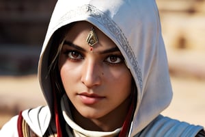 assassin's creed closeup look 4k quality,portrait,cute indian girl,white skin,large_boobs,asian girl,Extremely Realistic,looking_at_viewer