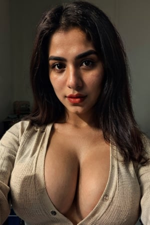 beautiful Indian modern girl with whit skin,divya bharti, ((upper body selfie, happy)), masterpiece, best quality, ultra-detailed, solo, (wild night), locker-room,   ,sad,crying_with_eyes_open, top shirt , contrast, clear sky, analog style (look at viewer:1.2) (skin texture) (film grain:1.3), , close up, cinematic light, sidelighting, ultra high res, best shadow, RAW, upper body, , wearing pullover kodak vision 3,cleavage cutout,huge_breasts
