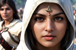 assassin's creed closeup look 4k quality,portrait,cute indian girl,white skin,large_boobs,asian girl,Extremely Realistic