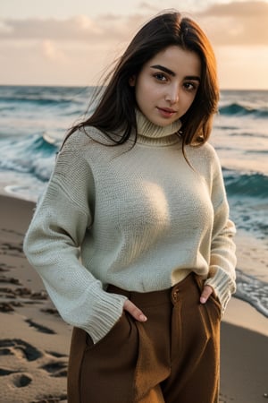 Ana de Armas in a Winter Sweaters Oversized Turtleneck Long Sleeve with brown hair,1girl,beautiful indian woman, with fair skin, divya bharti, a photo of a beautiful ocean, SIGMA 24 mm F/1.4, 5 sec shutter, golden hour,arge-sized breasts, cleavage, cleavage cutout
,Photo Real