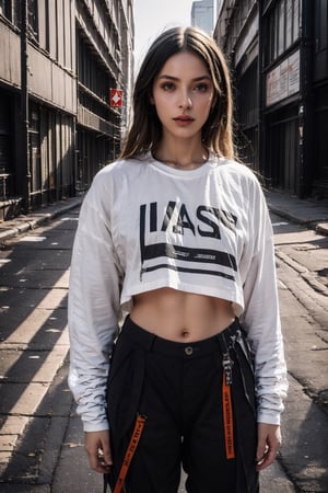1girl,young white girl,hot top model,long blonde hair,wearing a white long oversize t shirt (t shirt only white color) and Acronym J36-S black pants and Acronym P30A-DS and black and white sneakers,in city,instagram model,80mm,urban techwear,blurry_light_background,tattoo,nipple piercing,girl