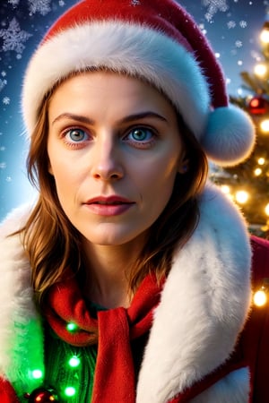 Christmas,eyes shoot portrait,woman , background=(Christmas tree, gifts, lightbubs,)  ,ral-chrcrts