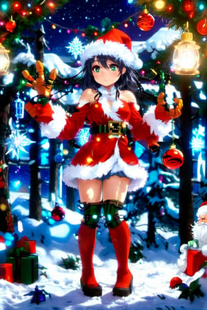 photograph, full body, wide shot, she is feeling lustful, she has (Natural Bio Mechanical arms and large legs:1.55) , anime art stylized by Edogawa Ranpo, mundane, (Cyborg 46 Santa girl:1.3) casting a Frost magic spell, feeling grateful, in christmas themed, her christmas themed also has a coat, Casting magic pose, Wrinkles, Stimulating forest, at Twilight, Kodak Ektachrome E100, 35mm, trending on CGSociety, detailed mystical face, detailed beautiful eyes, detailed eye pupils, complex electric christmas background, christmas