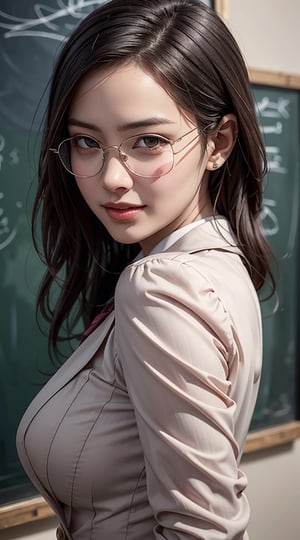(best quality,masterpiece, photorealistic, highly detailed), a portrait of 1 beautiful teacher, asian girl, in her 20s, attractive smile, ((wearing a casual business jacket)), glasses, large breasts, beauttiful detailed faces, beautiful detailed eyes, realistic detailed skin texture, light-brown straight hair, detailed hair, in front of a blackboard, sharp focus, high_school_girl
