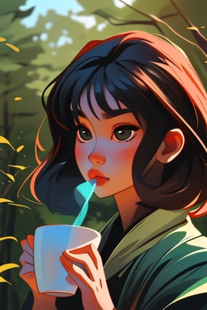 portrait of a young woman, 8k, drinking tea in the forest,SAM YANG