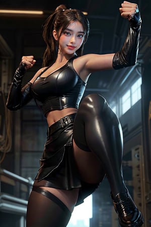 1 girl, fighting pose, Kicking pose, Rising a leg, middle kicking, front kick, with a cool smile. Dressed in a black latex tubetop, pencil skirt, sheer black tights, high heels. tight ponytail hair, well tanned skin best quality. a masterpiece in high-quality 64K, high-resolution,  inside a military base, nogizaka46 look,(view from above:1.2),(close up level:1.2)