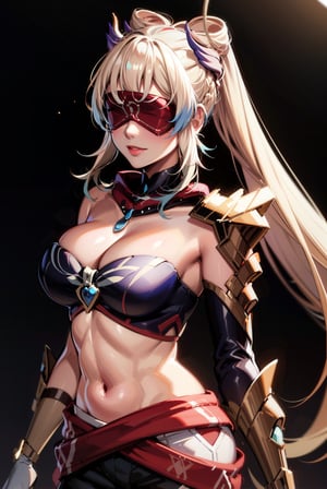 1girl, solo, simple background, (masterpiece:), (best quality), highly detailed, beautiful detail, extremely delicate and beautiful, large breasts,, evil smile, dark background, dessert,  blindfold, Tadhla, 1girl, solo, long hair, large breasts, gloves, navel, cleavage, jewelry, very long hair,, braid, midriff, pants, scarf, armor, shoulder armor, red scarf, blindfold, kokomidef, kokomirnd, very long hair, twin ponytail, single braid, pink hair,