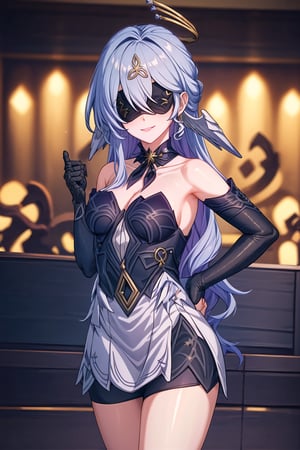 (best quality), (highly detailed), masterpiece, (official art),
1girl, solo, blindfold, ((best quality)), ((highly detailed)), dutch angle, masterpiece, 1girl, evil smile:1.2, smug, seductive smile, solo, standing, blindfold, mask, eye mask, dress, cleavage, black gloves, gloves, elbow gloves, hair ornament, triquetra symbol , ((posing)), outdoors, hand on hip, cowboy shot, looking at viewer, indoors, blurry background,depth of field, best quality, masterpiece, intricate details, tonemapping, sharp focus, hyper detailed, trending on Artstation,black lips, robin, head wings, halo